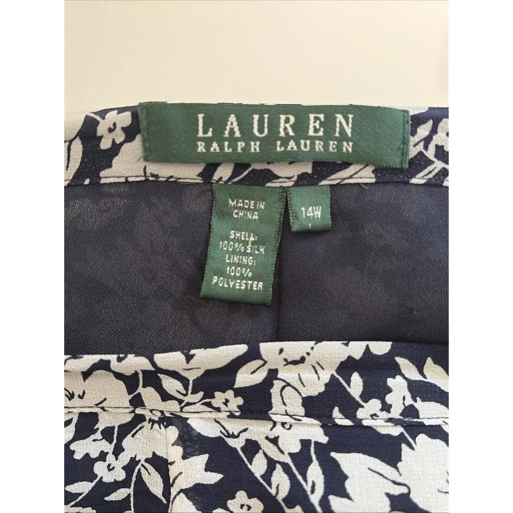 Lauren Ralph Lauren Floral Silk Midi Skirt Womens 14W Blue White A-Line Chiffon